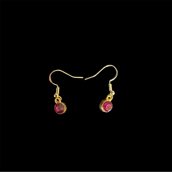 Faux Magenta Gemstone Wire Hook Earrings in Gold Tone - Picture 2 of 3